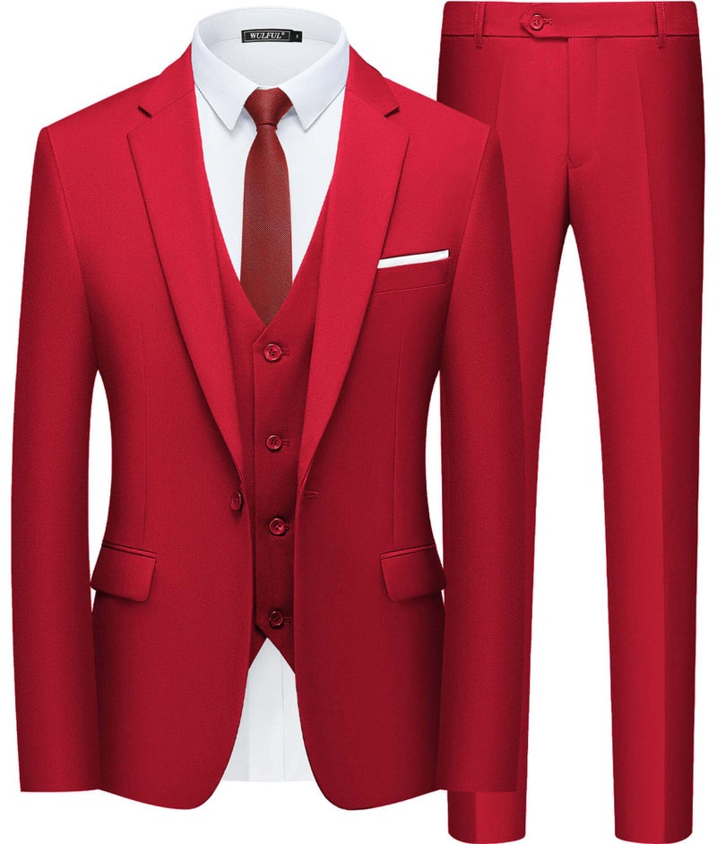 WULFUL Menâ€™s Slim Fit Suit One Button 3-Piece Blazer Dress Business Wedding Party Jacket Vest & Pant Wine Red - Image 1